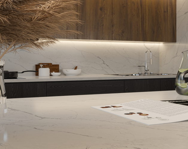 image1.png Кварцевый агломерат Grey Monet BQ‑6800 в эко стиле интерьера кухни